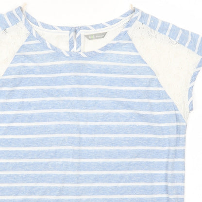 Close-up detail of Marks & Spencer women’s beige striped basic t-shirt, size UK 12