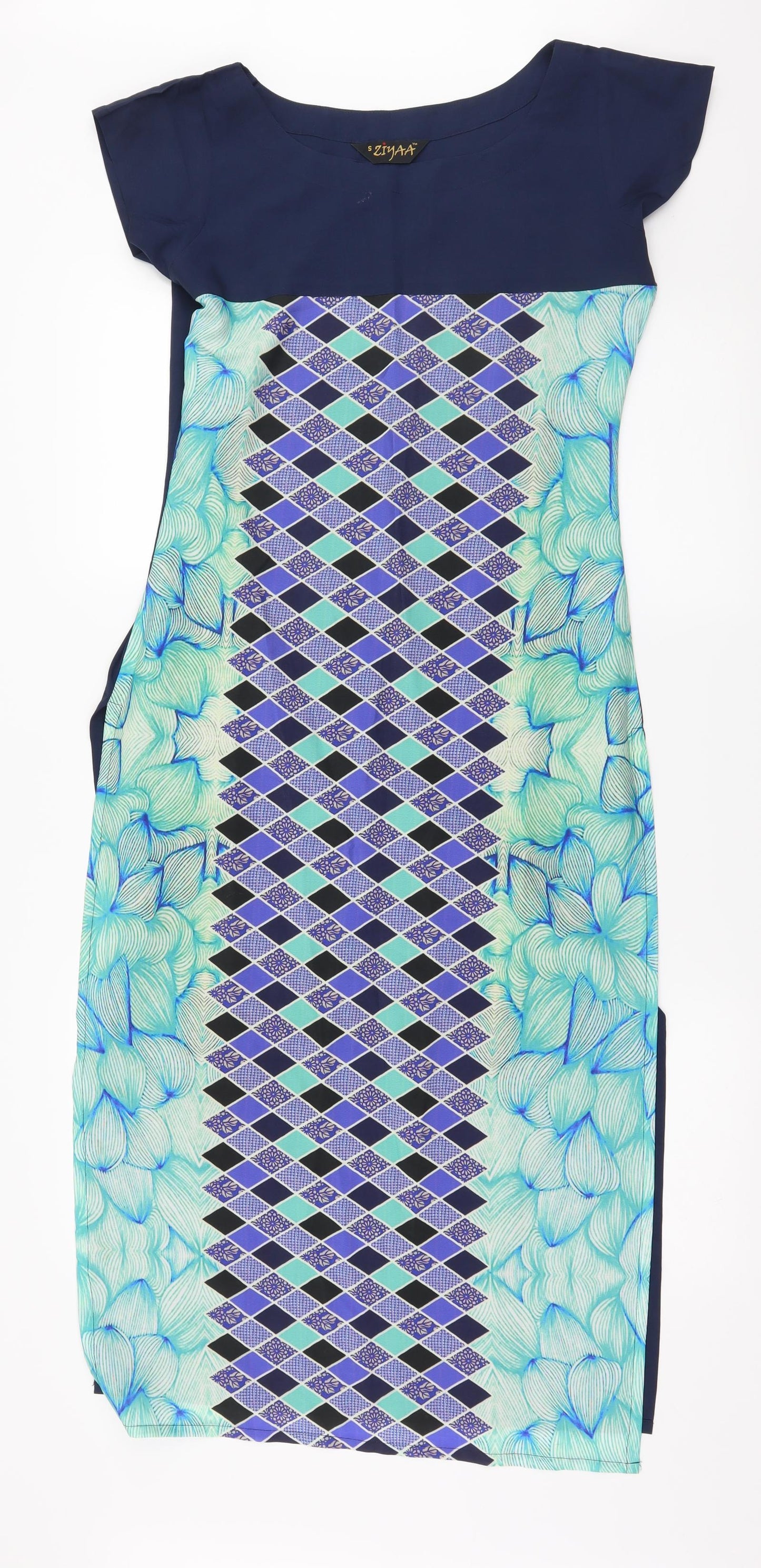 Ziyaa Womens Blue Geometric  Basic Blouse Size S  - Long Line