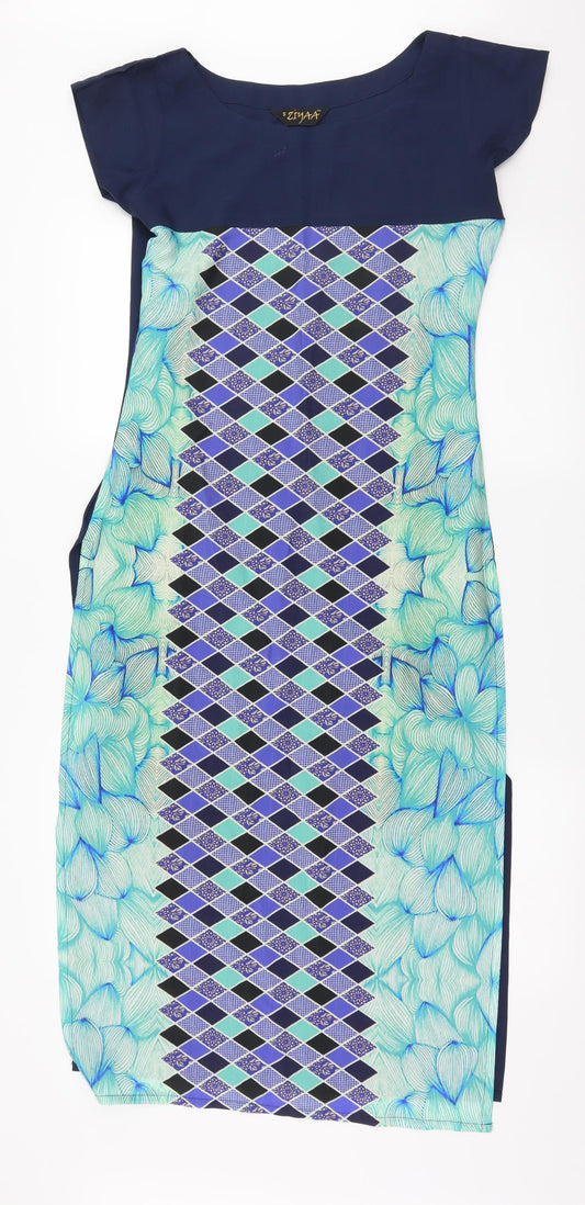 Ziyaa Womens Blue Geometric  Basic Blouse Size S  - Long Line