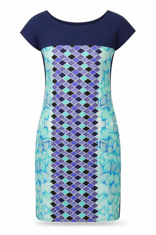 Front view of Ziyaa women’s blue geometric basic blouse, size S, - long line