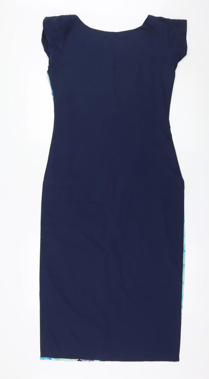 Back view of Ziyaa women’s blue geometric basic blouse, size S, - long line