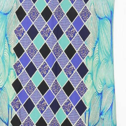 Close-up detail of Ziyaa women’s blue geometric basic blouse, size S, - long line