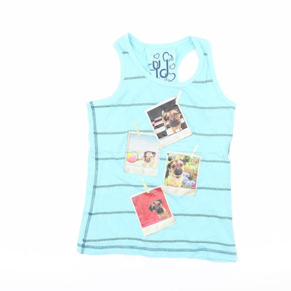 Additional front view of Young Dimension girls’ blue striped jersey basic tank, size 7-8, years - puppy
