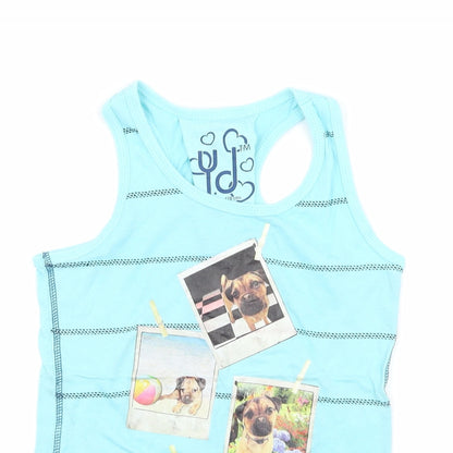Close-up detail of Young Dimension girls’ blue striped jersey basic tank, size 7-8, years - puppy