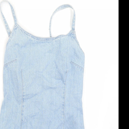 Close-up detail of Miss Selfridge women’s blue rayon a-line, size UK 4