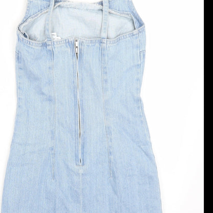 Brand and care label for Miss Selfridge women’s blue rayon a-line, size UK 4