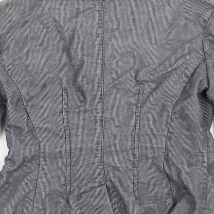 Brand and care label for Oasis women’s blue jacket coat, size UK 8