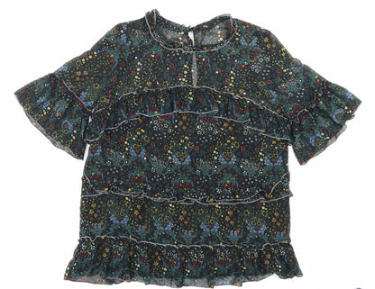 Additional front view of River Island women’s black floral mesh basic blouse, size UK 8