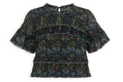 Front view of River Island women’s black floral mesh basic blouse, size UK 8