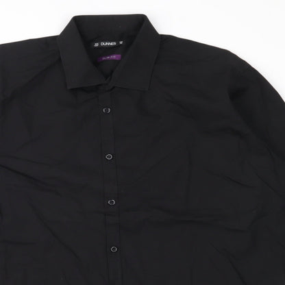 Close-up detail of Dunnes men’s black button-up, size 16.5