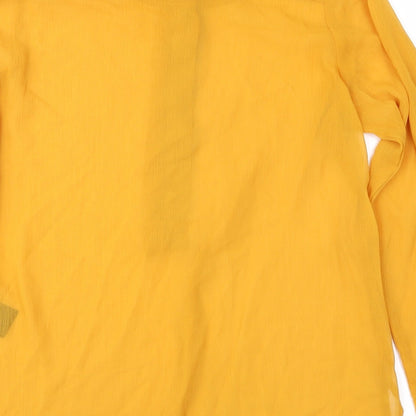 Brand and care label for H&M women’s orange chiffon basic blouse, size UK 10