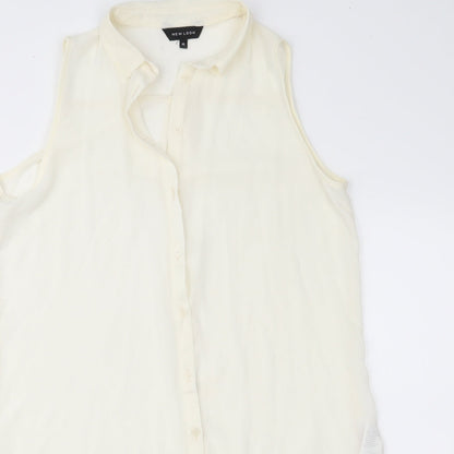 Close-up detail of New Look women’s ivory chiffon basic blouse, size UK 10