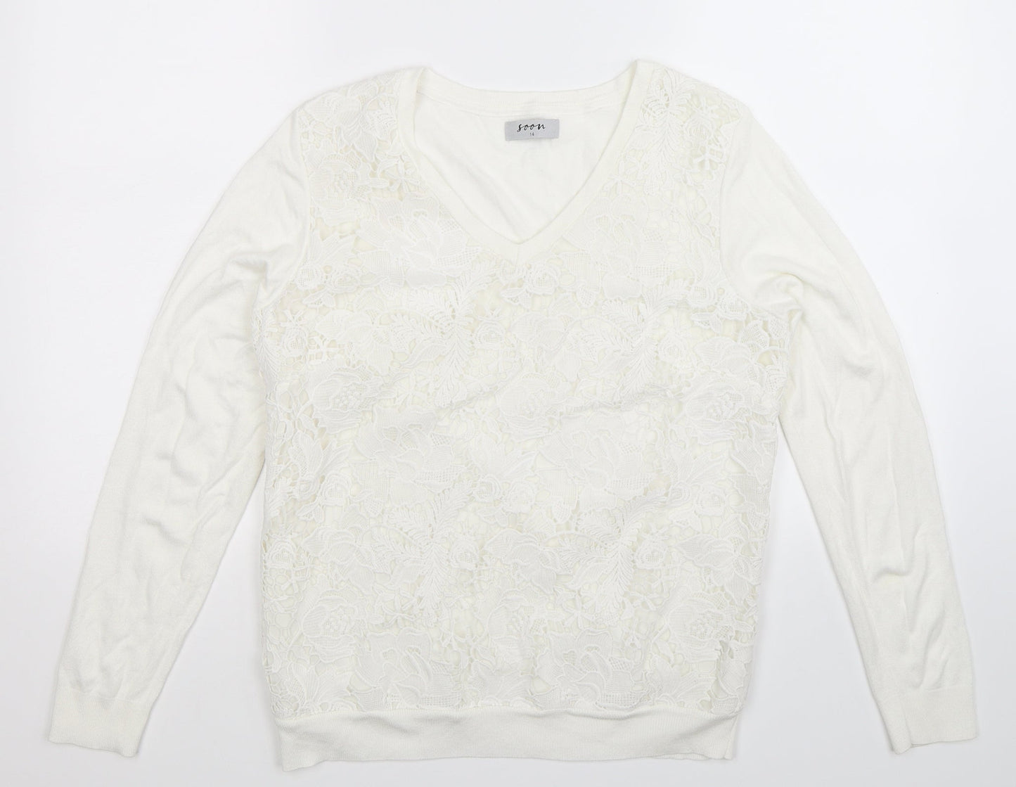 Soon Womens White  Knit Pullover Jumper Size 14