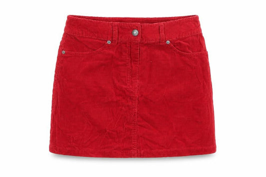 Front view of Hennes women’s red corduroy a-line skirt, size UK 8