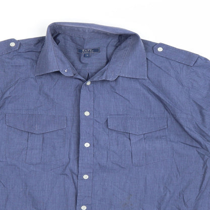 Close-up detail of Easy men’s blue button-up, size L