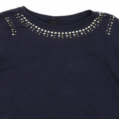 Close-up detail of H&M women’s blue pullover sweatshirt, size L