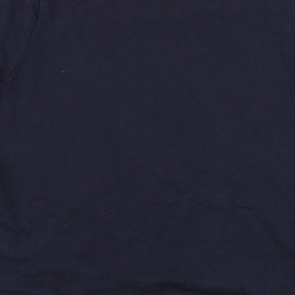 Brand and care label for H&M women’s blue pullover sweatshirt, size L