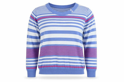 Front view of EWM women’s blue striped jumper, size L