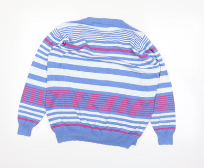 Back view of EWM women’s blue striped jumper, size L