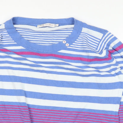 Close-up detail of EWM women’s blue striped jumper, size L