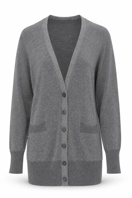 Front view of Internacionale women’s grey cardigan jumper, size UK 12