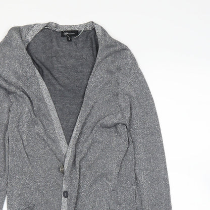 Close-up detail of Internacionale women’s grey cardigan jumper, size UK 12