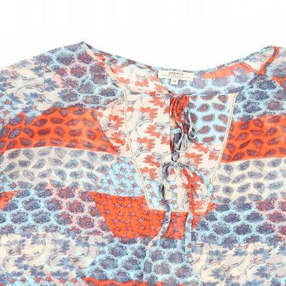Close-up detail of Papaya women’s blue floral basic blouse, size UK 14