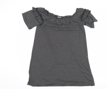 Front view of Papaya women’s black striped shift, size M