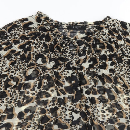 Close-up detail of Papaya women’s brown polka dot chiffon basic blouse, size UK 8
