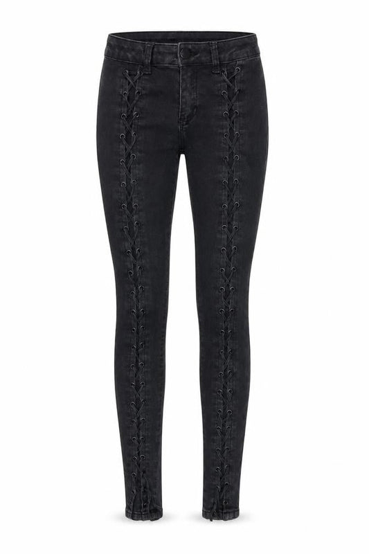 Front view of S women’s black denim skinny jeans, size UK 26, in, 28-inch leg - tie sided detail