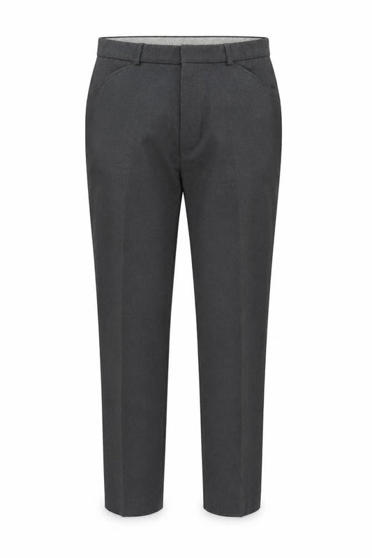 Front view of Denver men’s grey trousers, size S, 28-inch leg