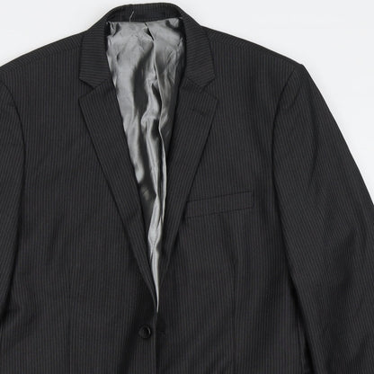 Close-up detail of Good Souls men’s black striped jacket suit jacket, size 34
