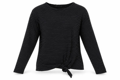 Front view of Warehouse women’s black striped basic t-shirt, size UK 8