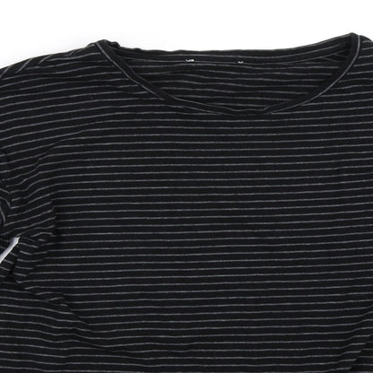 Close-up detail of Warehouse women’s black striped basic t-shirt, size UK 8