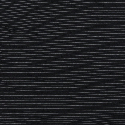 Brand and care label for Warehouse women’s black striped basic t-shirt, size UK 8