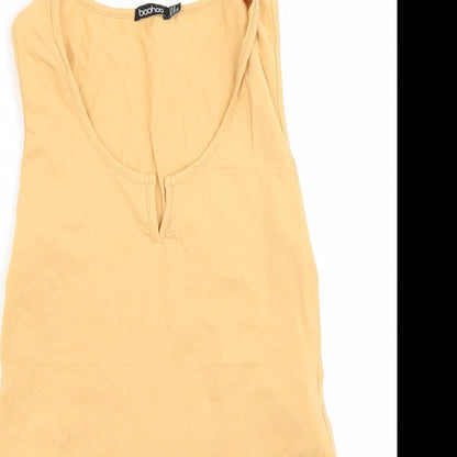 Close-up detail of Boohoo women’s orange basic tank, size UK 14