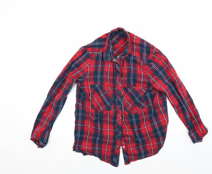 Front view of Berkertex women’s red check basic button-up, size L