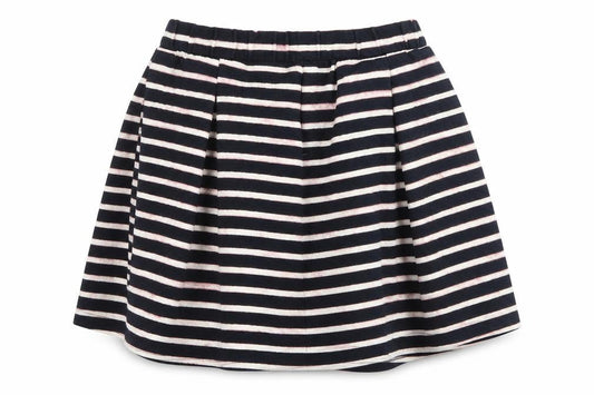 Front view of Next women’s black striped flare skirt, size UK 14