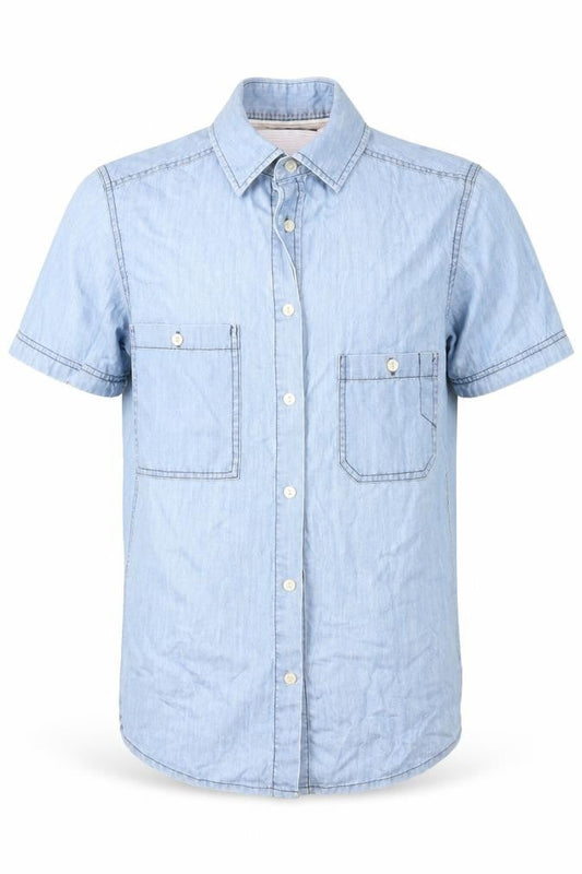 Front view of Vintage Clth Co men’s blue denim button-up, size S