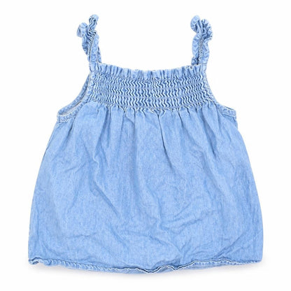 Front view of oldnavy girls’ blue denim basic blouse, size 3, years