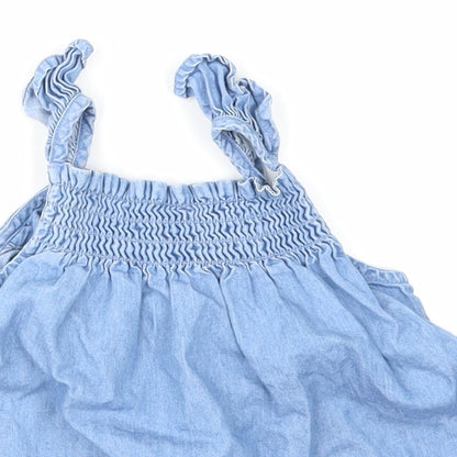 Close-up detail of oldnavy girls’ blue denim basic blouse, size 3, years