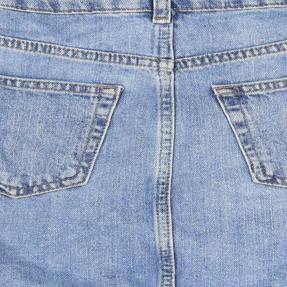Brand and care label for Topshop women’s blue flare skirt, size UK 8