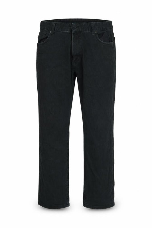 Front view of pre worn men’s black trousers, size L, 30-inch leg