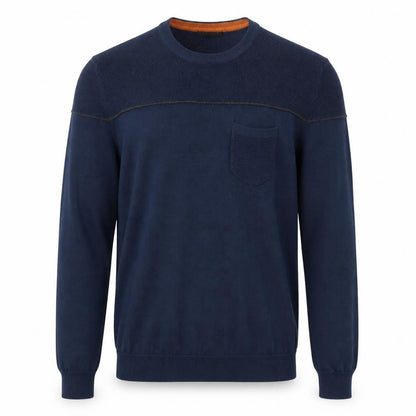 Front view of sisler men’s blue jumper, size M