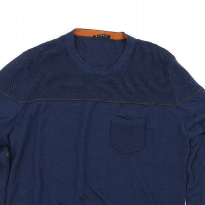 Close-up detail of sisler men’s blue jumper, size M