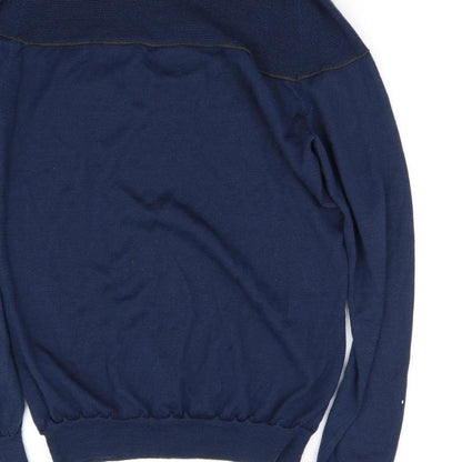 Brand and care label for sisler men’s blue jumper, size M