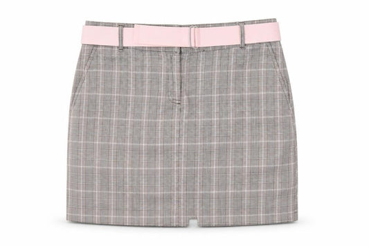 Front view of IZOD women’s brown check mini skirt, size UK 30, in
