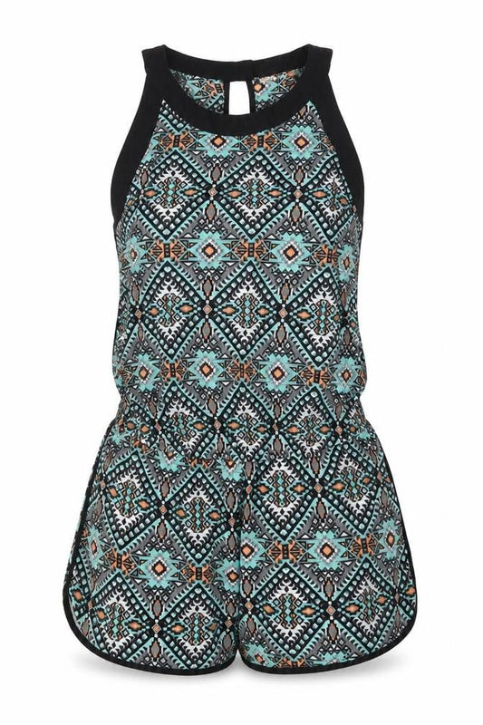 Front view of Myse women’s blue geometric playsuit one-piece, size L