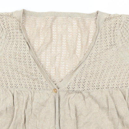 Close-up detail of Evans women’s gold cardigan jumper, size UK 16
