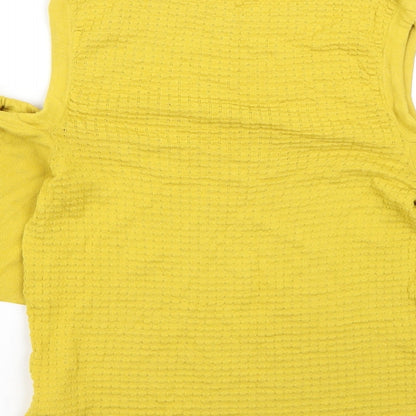 Brand and care label for Warehouse women’s yellow basic t-shirt, size UK 10